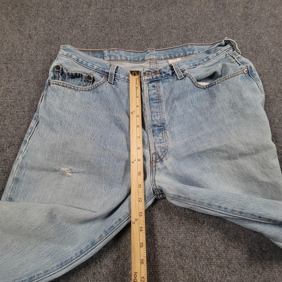Levis 501 Jeans Mens 38x32 Light Wash Button Fly Straight Leg Denim Distressed - Picture 6 of 12